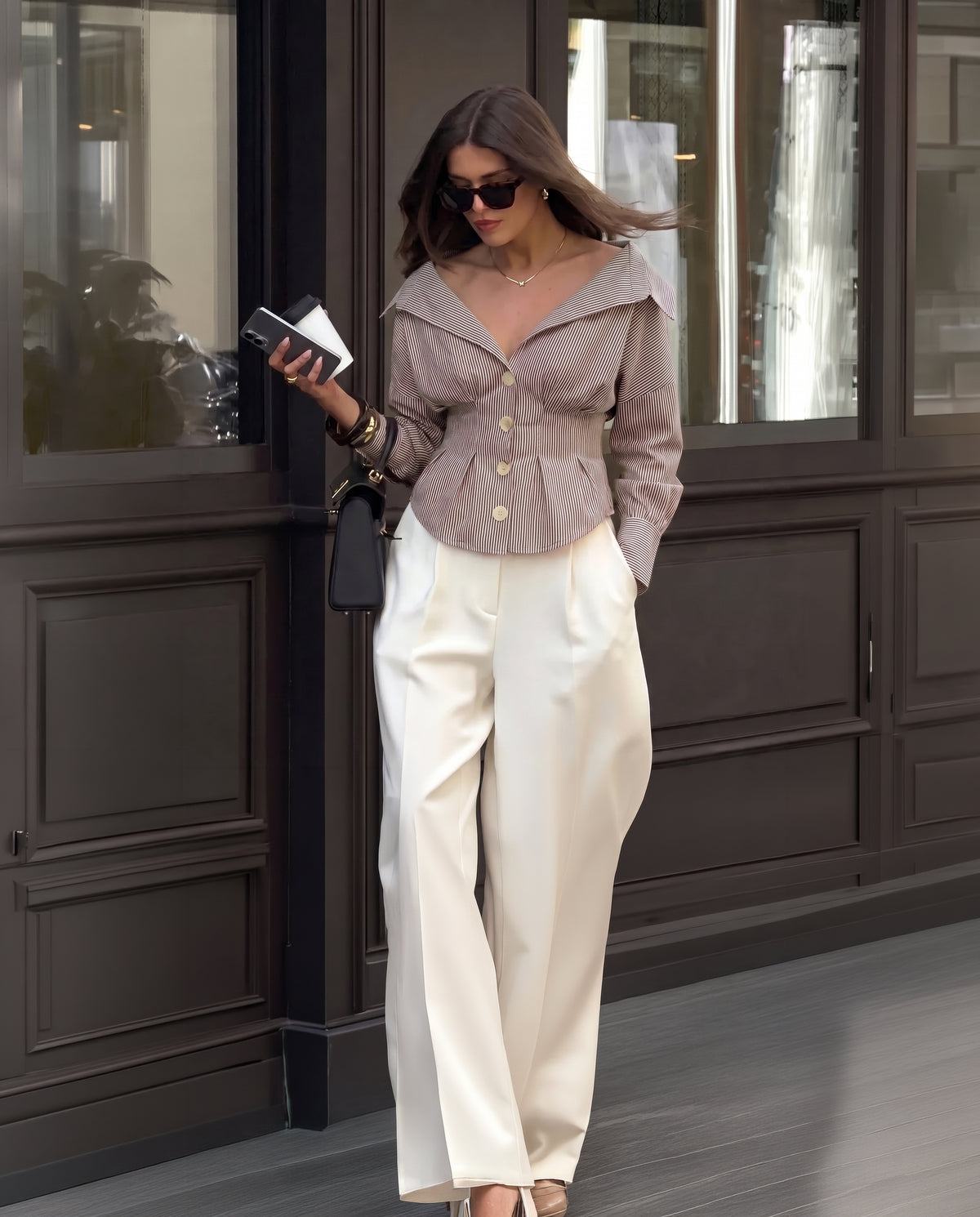 Shirt With Cinched Waist - Brown Stripe
