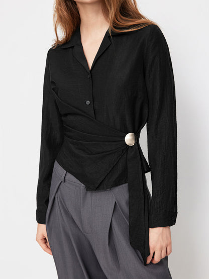 Black Wrap Detail Shirt with Gold Accent