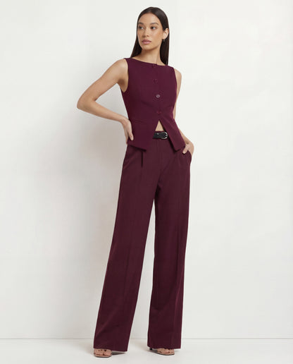 Maroon Boat Neck Slit Waist Coat And Pleated Pants With Belt