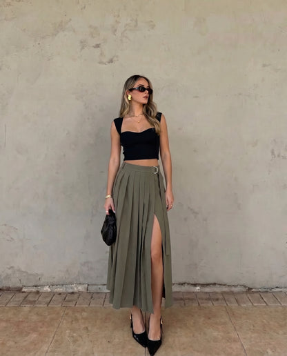 Vintage Pleated Slit Skirt