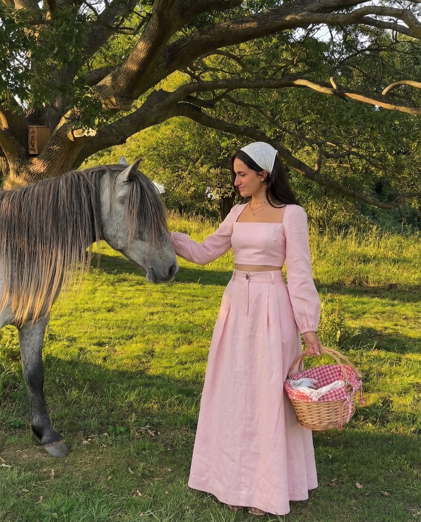 Soft Pink Balloon Sleeves Linen Top and Skirt Set