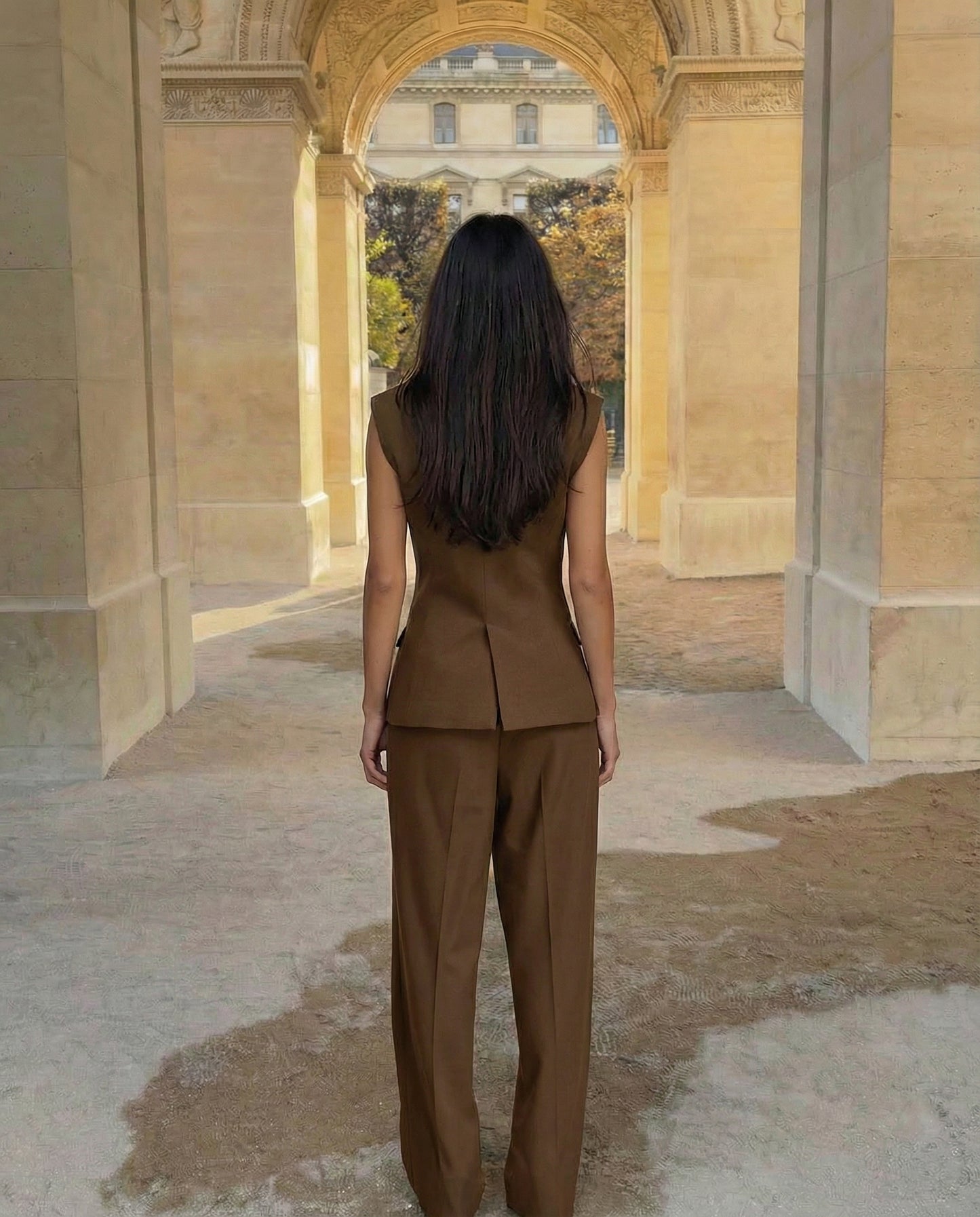 coord sets,bottomwear, topwear,formal, semi-formal, summer,urban fit, genz, minimal,woven,cotton twill,,,brown,solid,double breasted,buttons,regular fit top,waistcoat,longline top,straight hem,v neck,no straps ,no sleeves,sleeveless,button up top,pants,wide leg pants,full length,straight hem,mid rise waist,side pockets,OY3056, 25070026GG