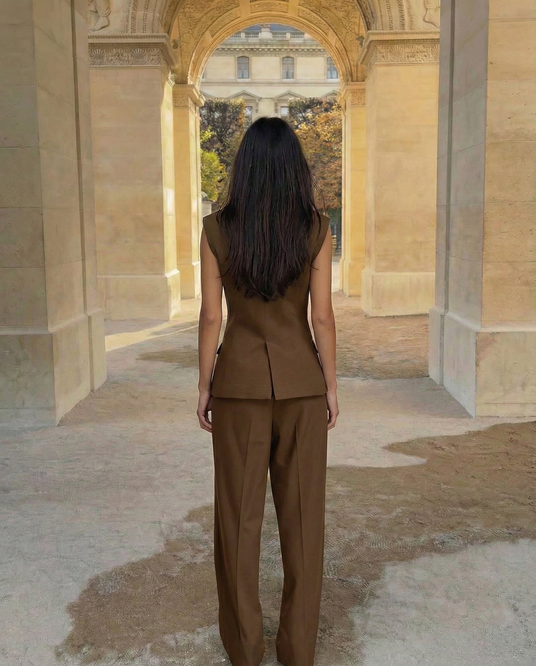 coord sets,bottomwear, topwear,formal, semi-formal, summer,urban fit, genz, minimal,woven,cotton twill,,,brown,solid,double breasted,buttons,regular fit top,waistcoat,longline top,straight hem,v neck,no straps ,no sleeves,sleeveless,button up top,pants,wide leg pants,full length,straight hem,mid rise waist,side pockets,OY3056, 25070026GG