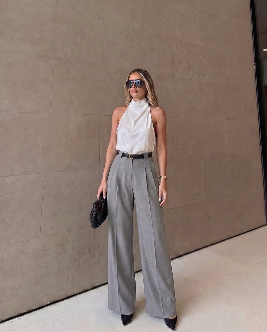 Pleated Pants With Belt - Grey