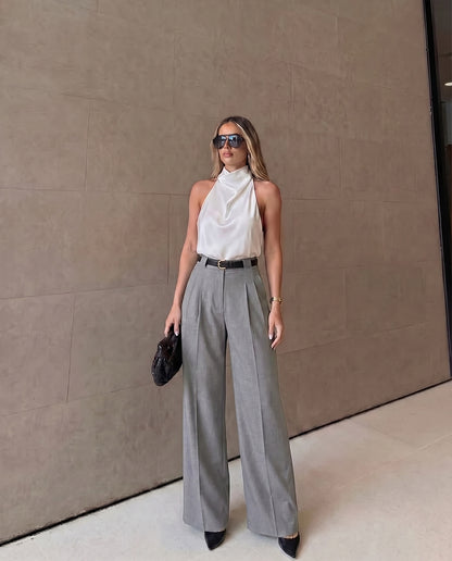 Pleated Pants With Belt - Grey