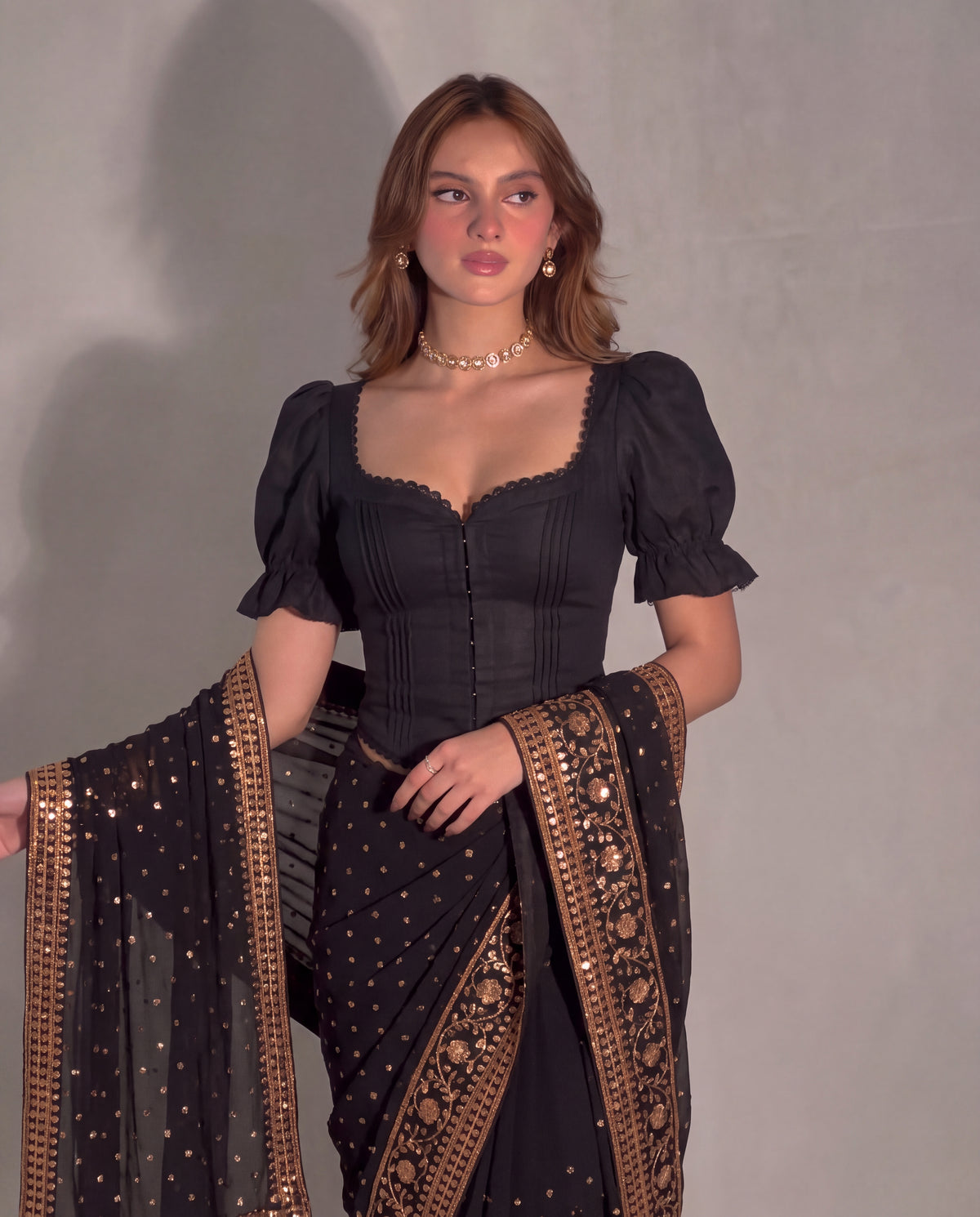 Paro Puff Sleeve Black Corset Top