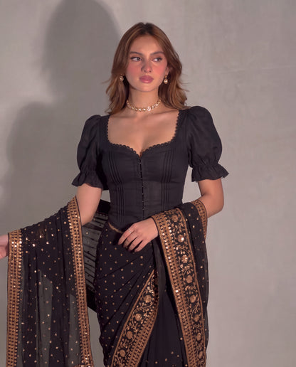 Paro Puff Sleeve Black Corset Top