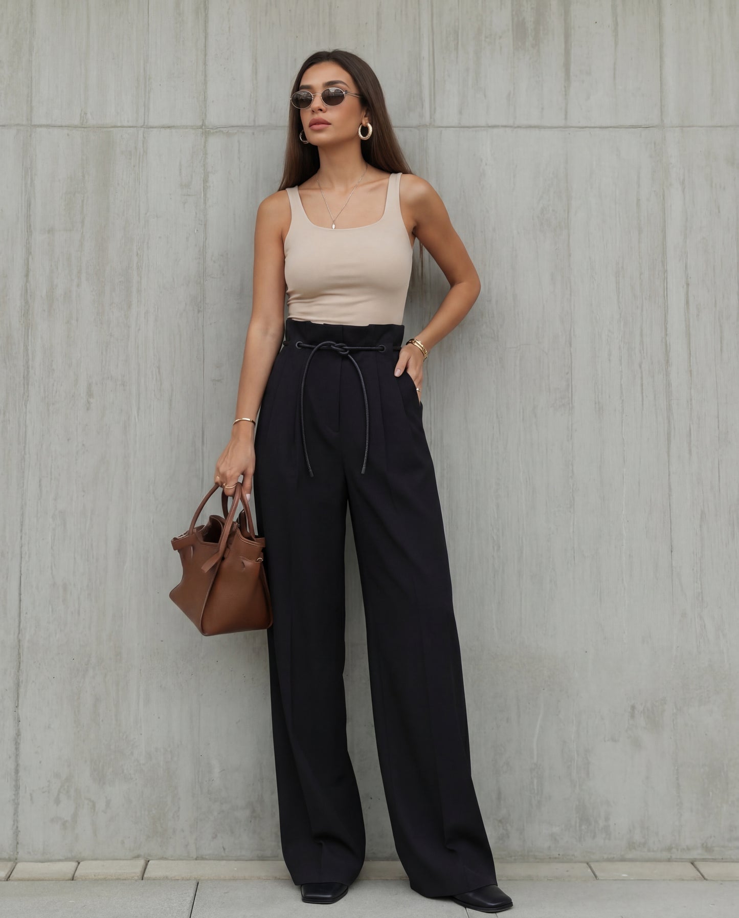 Black Tie Knot Detail Wide Leg Trouser