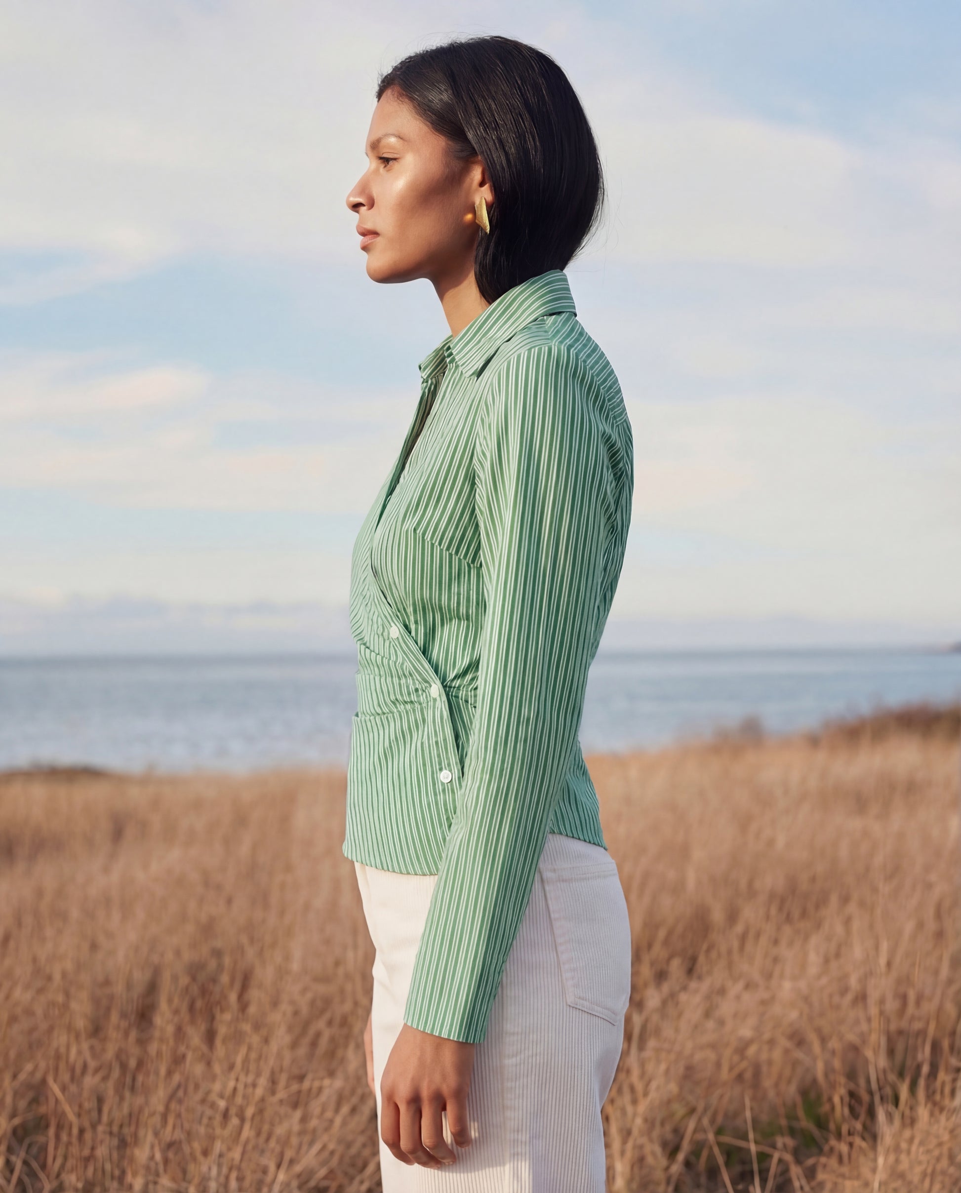 Women’s green striped wrap style summer everyday wear shirt with structured silhouette, long sleeves and stylish vertical stripes