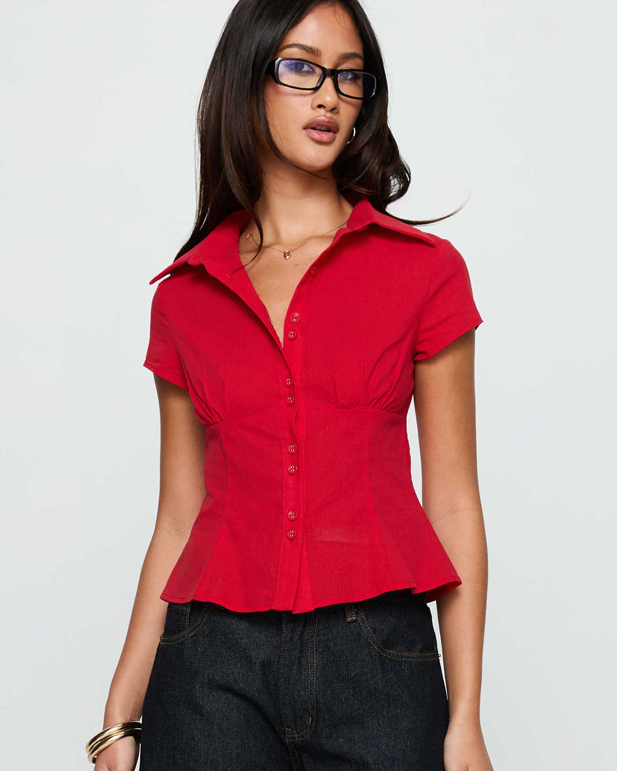 topwear,tops, shirts,casual, casual chic, semi-formal,creative workwear, gen z, millenial, minimal, summer,woven,poplin stretch,red,solid,panelling,button,slim fit,shirt,waist length,flared hem,shirt collar,no straps,set in sleeves,short sleeves, OY2128, 25090025GG