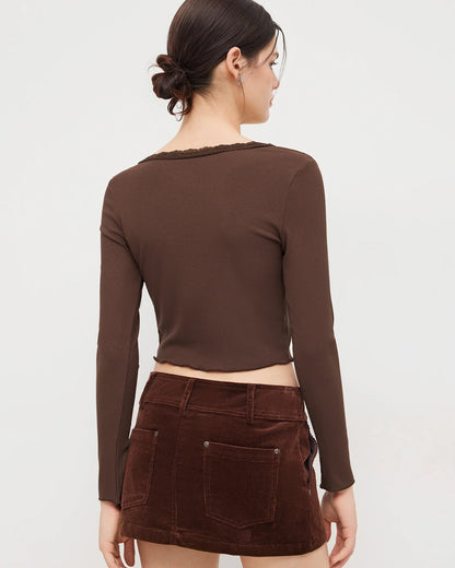topwear,tops,casual, casual chic,gen z, minimal, summer,knitted, stretchable,ribbed,,brown,solid,contrast fabric, textured,button,skinny fit,crop top,crop,curved hem,v-neck,no straps,set in sleeves,long sleeves, OY2157, 25080019GG