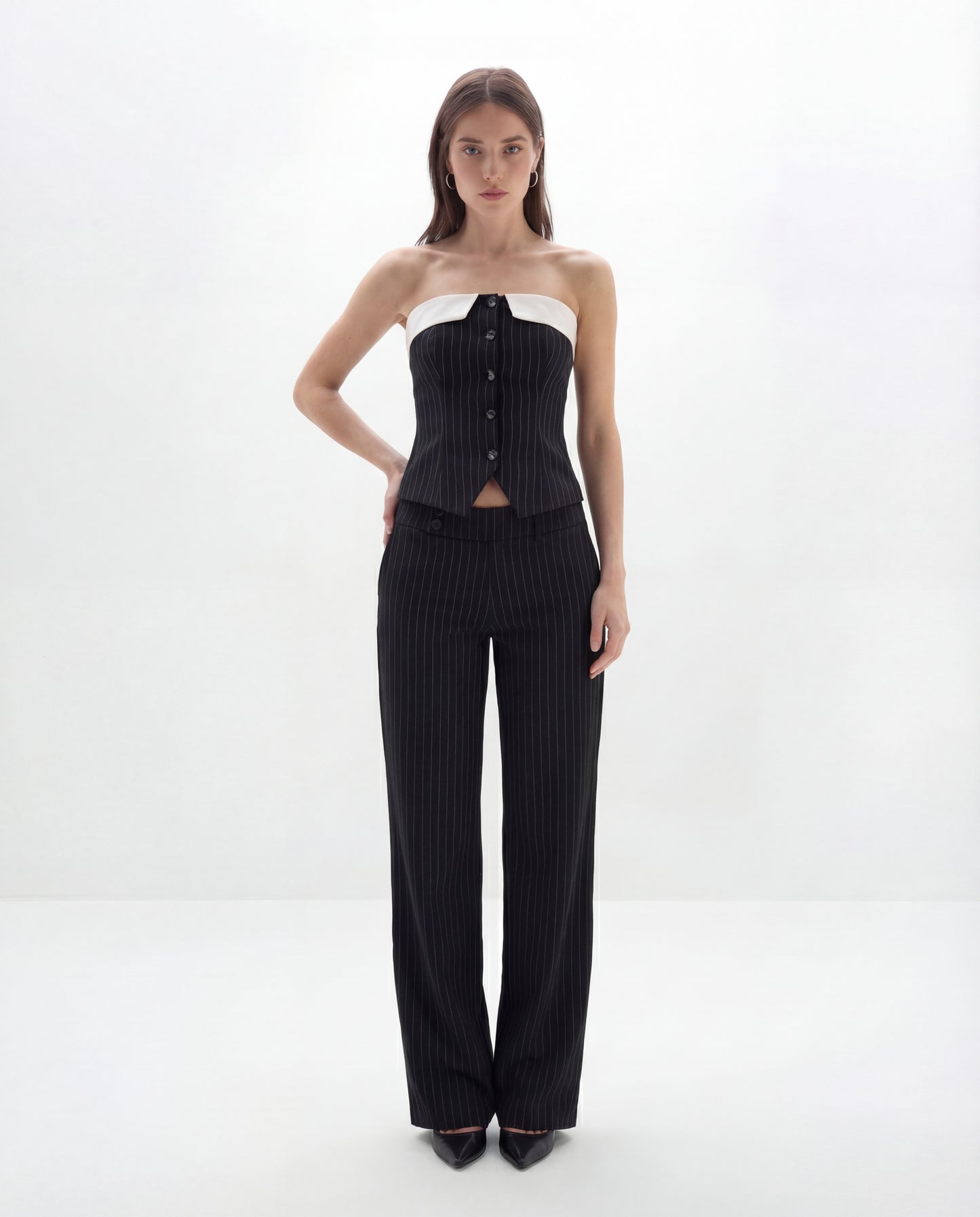 Pinstripes Button-Front Corset Top With Straight Pants