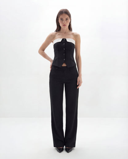 Pinstripes Button-Front Corset Top With Straight Pants