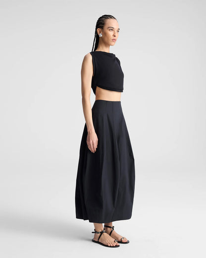 coord sets,bottomwear, topwear,casual chic, vacation, outdoor events, summer,genz fit,woven,cotton,panels,black,solid,panelling,,,relaxed fit top,tank top,crop length top,curve hem top,boat neck,no straps ,no sleeves,sleeveless,slip on,skirts,bubble skirt,full length,bubble hem,mid rise waist,side pockets, OY3059, 25070028GG