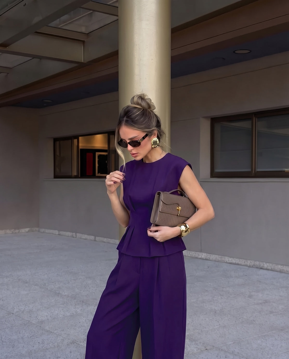 Tailored Linen Blend Top & Pants Co-Ord Set Purple