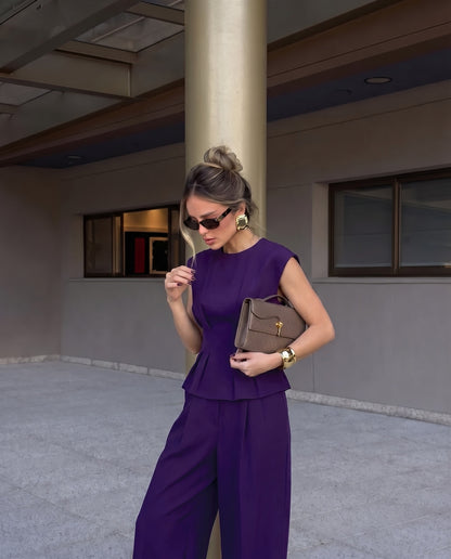 Tailored Linen Blend Top & Pants Co-Ord Set Purple