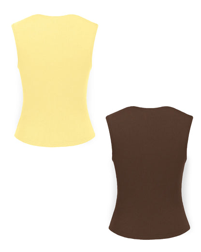sets,vacation, outdoor events,beach, minimal, soft girl, summer, timeless,knitted, stretchable,ribbed,solid,slim fit,fitted,regular length,cowl neck,sleeveless, lemon yellow, brown,combo,bundle,25050004BU