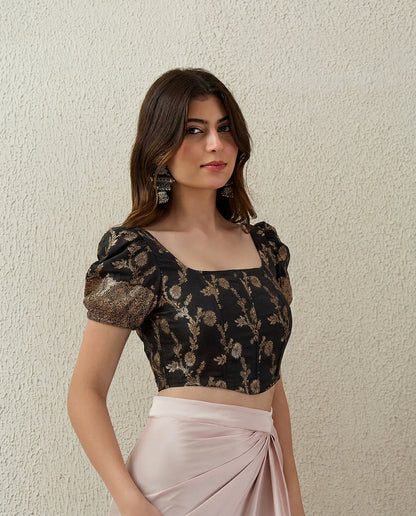 Black Puff Sleeves Brocade Corset Top