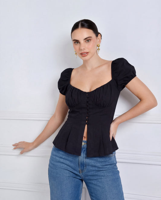 topwear,tops,outdoor events,glam, minimal, summer,woven,cotton,black,solid,ruched,,skinny fit,peplum,waist length,flared hem,sweetheart neck,,puff sleeves,short sleeves, OY1902	,25060002GG