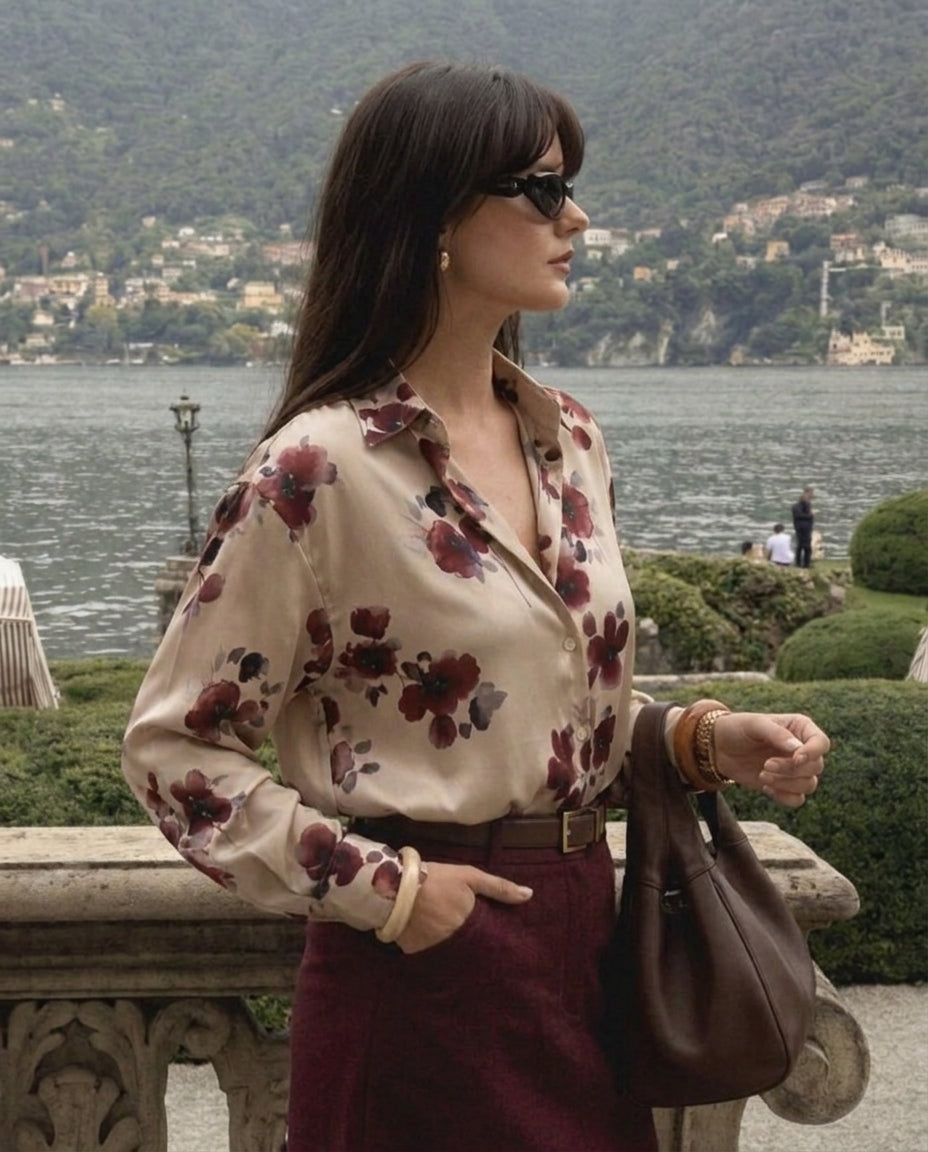 Floral Wine Blossom Satin Shirt