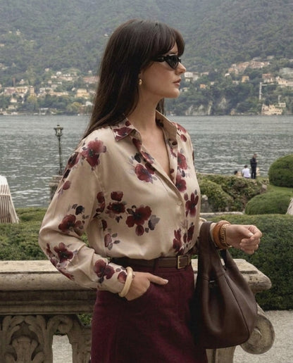 Floral Wine Blossom Satin Shirt