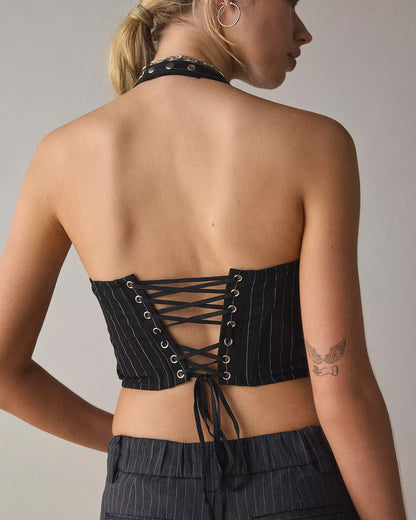 topwear,tops,semi-formal,bold, glam, summer, streetwear,woven,polycotton,black,pinstripes,pinstripes,drawstring,tailored fit,corset,crop,curved hem,halter neck, sleeveless, OY2002, 25060034GG