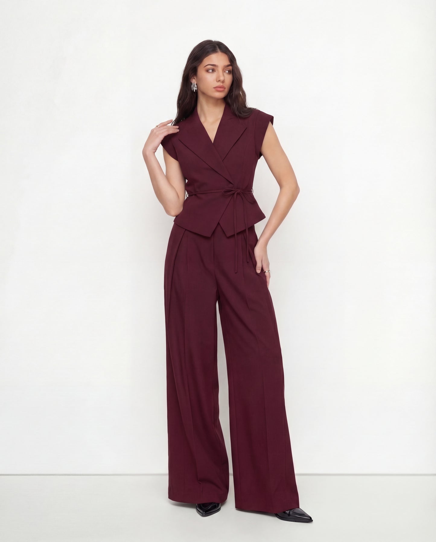 Maroon Tie Up Waist Coat Suit Set