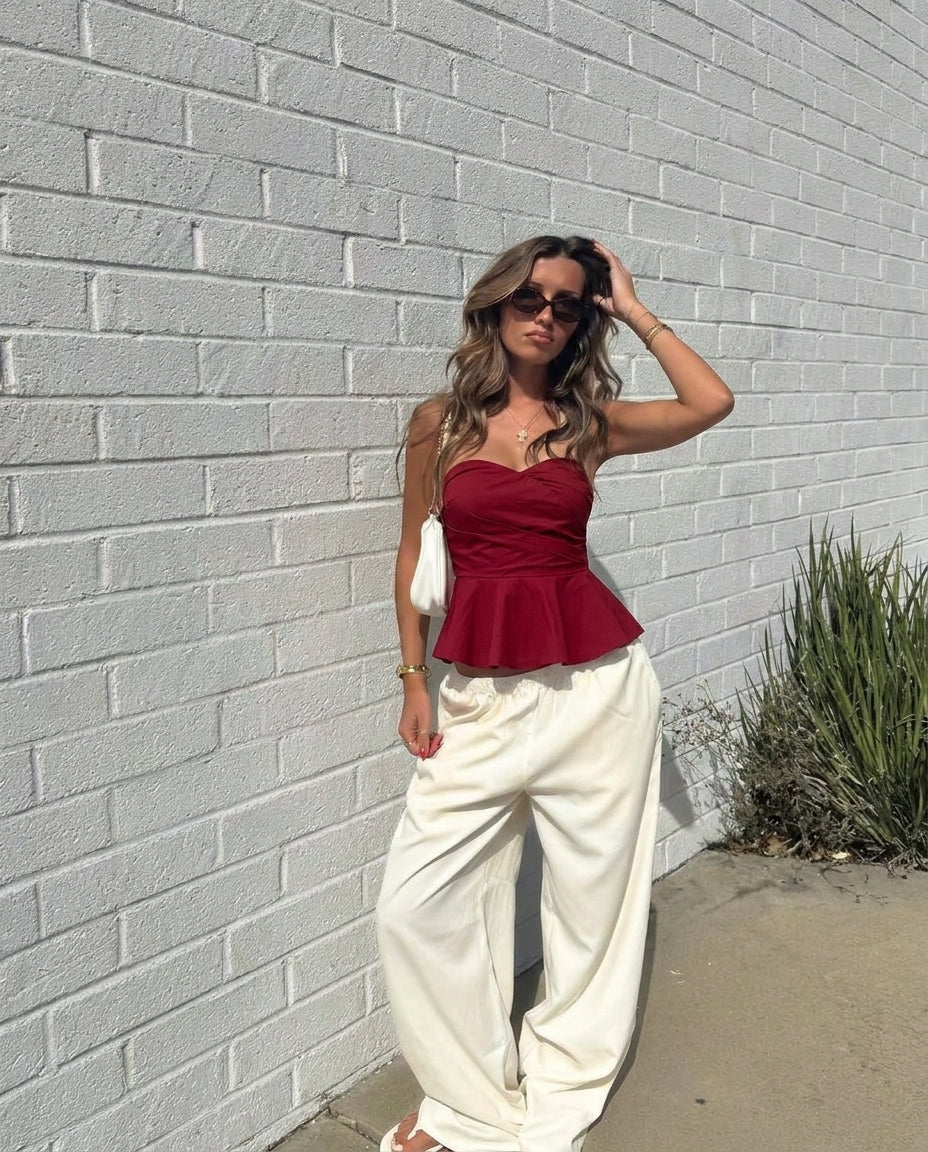 Cherry Red Bandeau Peplum Top