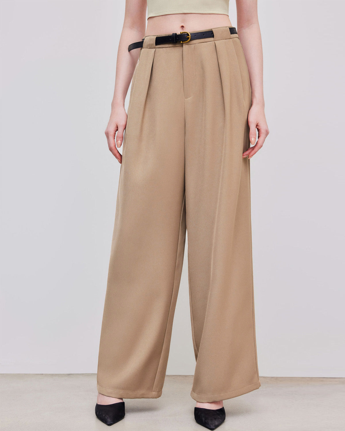 bottomwear,pants,semi-formal,workwear,stretchable,polyester, spandex,beige,pleated,tailored fit,wide leg,full length,high rise, OY975-beige,  25090001GG
