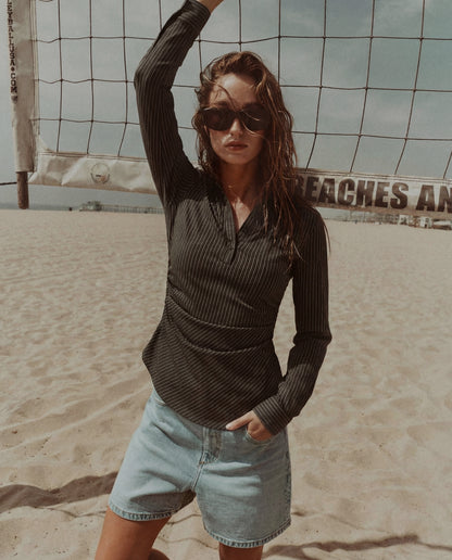 Black Pinstripe Asymmetric Hem Shirt