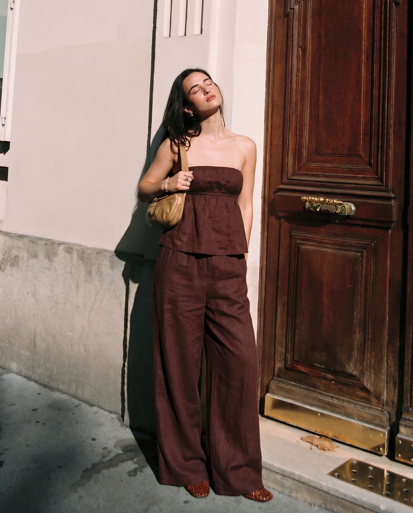 coord sets,bottomwear, topwear,casual chic, vacation, outdoor events, summer,urban fit, genz,woven,cotton,gathers,dark brown,solid,gathers,,,fit and flare fit,bandeau,waist length top,flared hem,off shoulder,no straps ,no sleeves,sleeveless,slip on,pants,wide leg pants,full length,straight hem,mid rise waist,side pockets, OY3058, 25070027GG