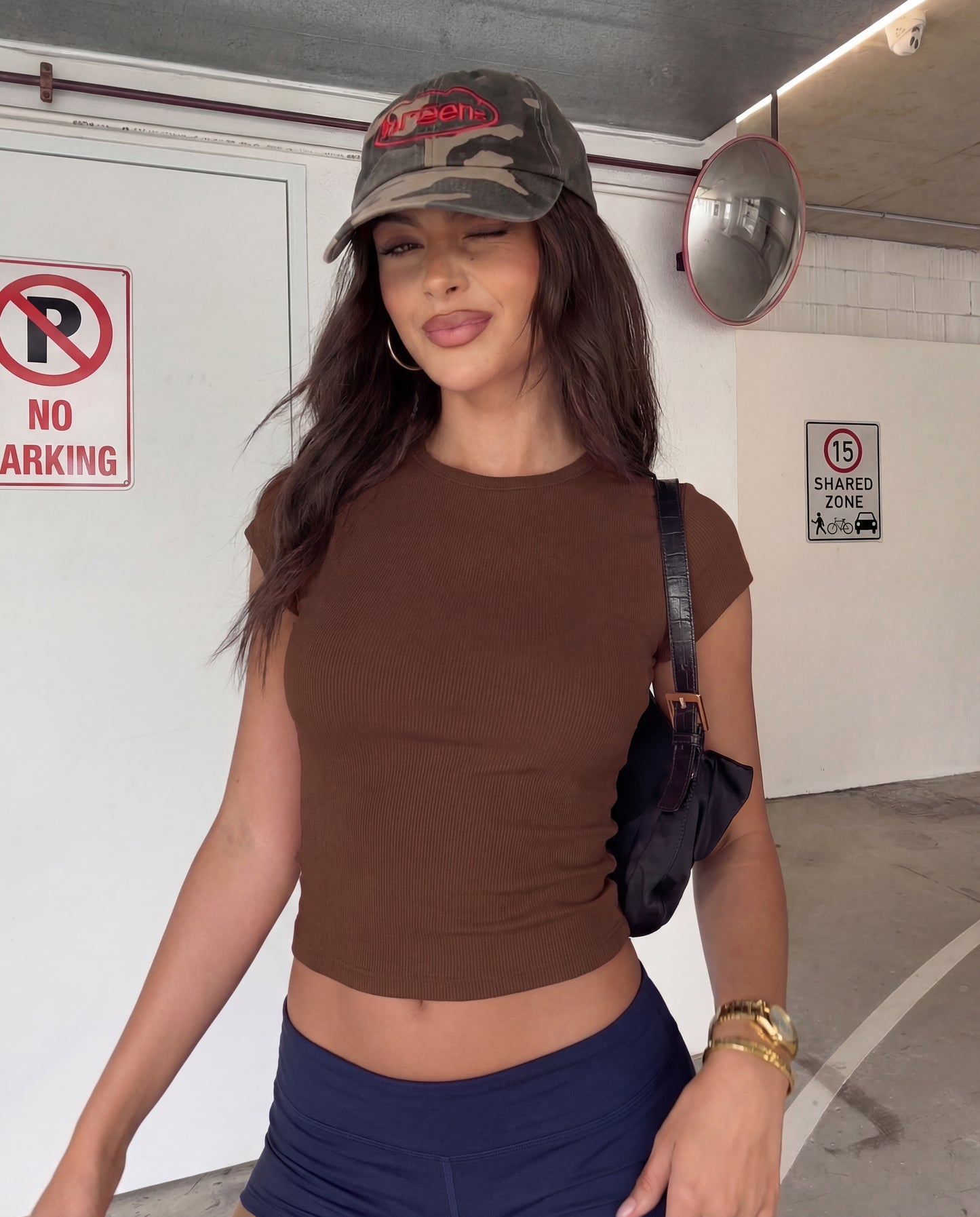 Brown Ribbed Fitted Top