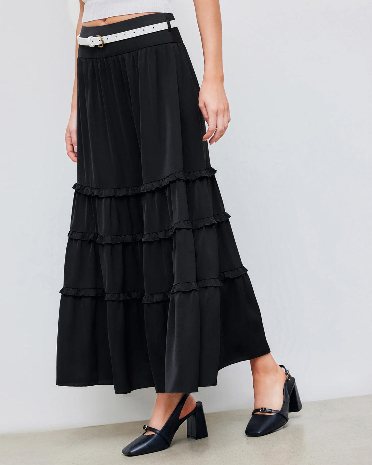 bottomwear,skirts,casual, casual chic, vacation,soft girl, summer, vintage, y2k,woven,cotton,gathered, panelling,black,panelled, ruffled,belt,flared fit,flared,full length,flared,mid rise, 25070006GG, OY2073