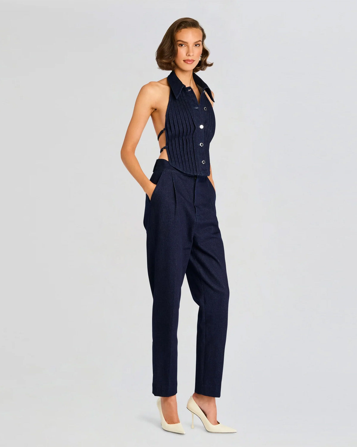 coord sets,bottomwear, topwear,casual chic, vacation, outdoor events, summer, bold,genz,woven,denim,pleated,denim blue,solid,pleats,buttons,slim fit top,waist fitted top,waist length top,curve hem top,halter neck,no straps ,no sleeves,sleeveless,button up,pants,tapered pants,full length,straight hem,mid rise waist,side pockets	,OY3060, 25070029GG