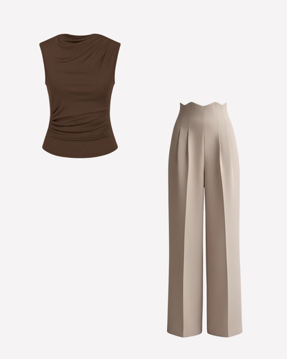 Earthy Brown Cowl Top and Corset Waist Pleated Pants