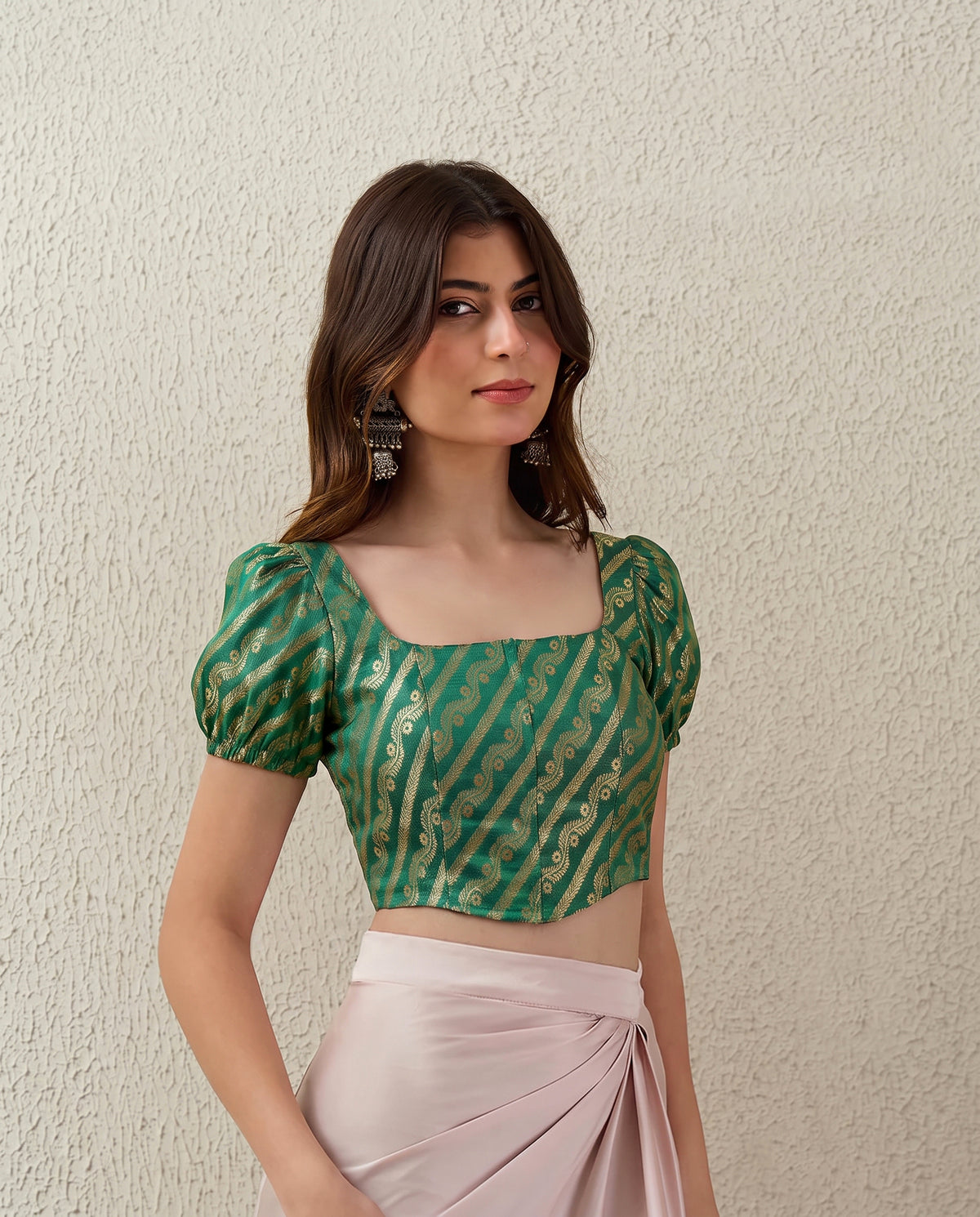Emerald Green Puff Sleeves Brocade Corset Top