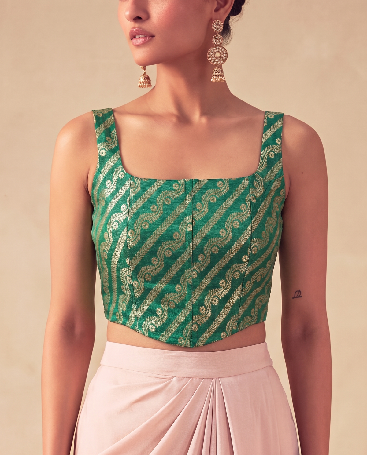 Set of 2 Emerald Green Brocade Corset Top & satin silk draped skirt set