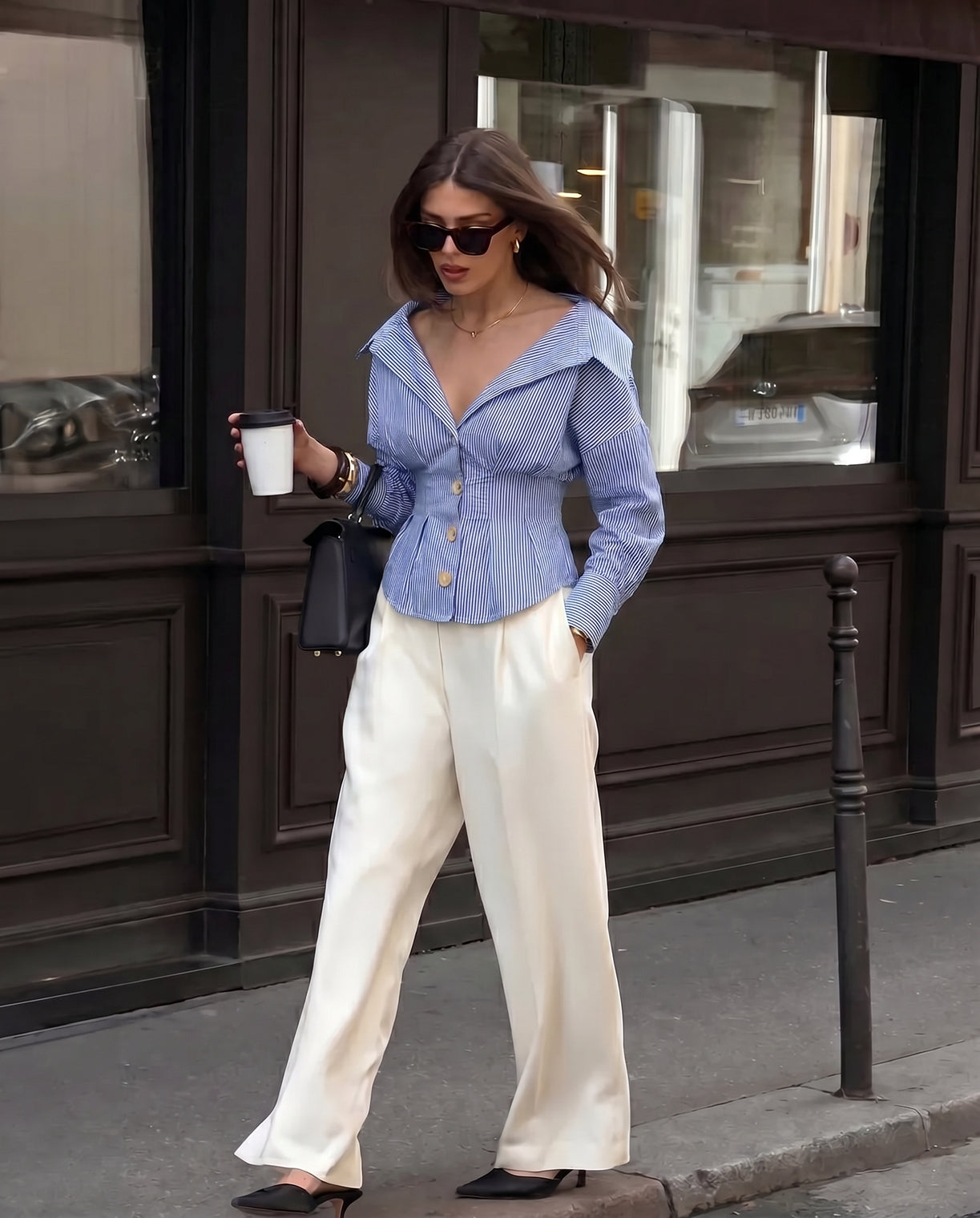 Pinstripes Fitted Waist Cotton Shirt - Blue