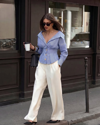 Pinstripes Fitted Waist Cotton Shirt - Blue