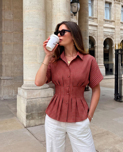 Pleated Cinched Waist Check Shirt in Red