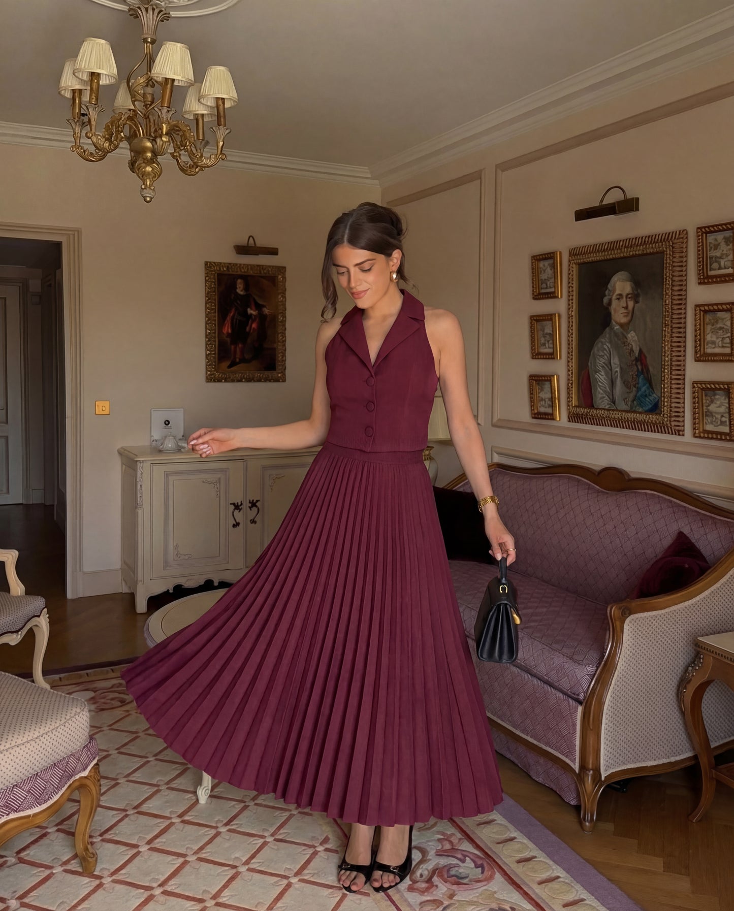 Maroon Pleated Skirt and Top Co-Ord Set