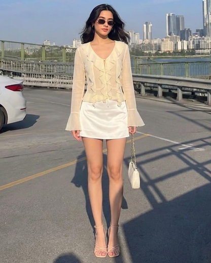 Ruffled Tie Front Flared Sleeve Top - Ivory