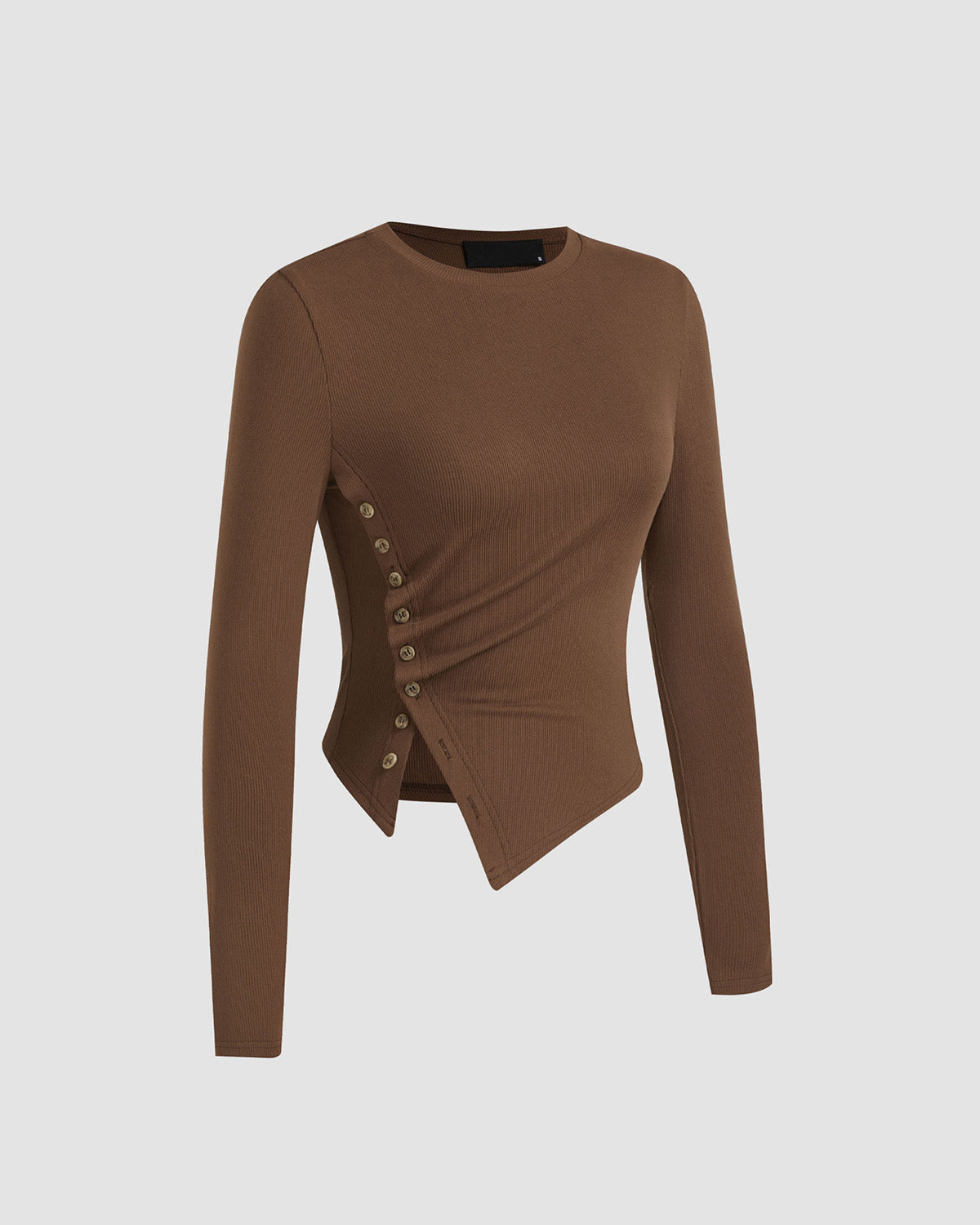 topwear,tops,casual, casual chic, vacation,minimal, summer,knitted, stretchable,ribbed,,brown,solid,gathered,button,skinny fit,button down,waist length,asymmetric hem,crew neck,no straps,set in sleeves,long sleeves	25080014GG, oy2152