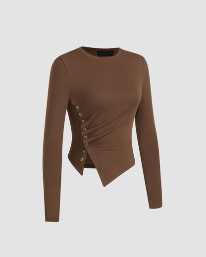 topwear,tops,casual, casual chic, vacation,minimal, summer,knitted, stretchable,ribbed,,brown,solid,gathered,button,skinny fit,button down,waist length,asymmetric hem,crew neck,no straps,set in sleeves,long sleeves	25080014GG, oy2152