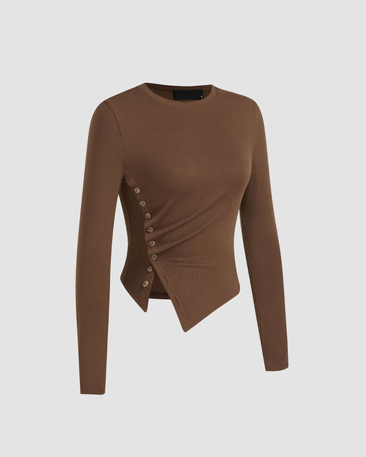 topwear,tops,casual, casual chic, vacation,minimal, summer,knitted, stretchable,ribbed,,brown,solid,gathered,button,skinny fit,button down,waist length,asymmetric hem,crew neck,no straps,set in sleeves,long sleeves	25080014GG, oy2152