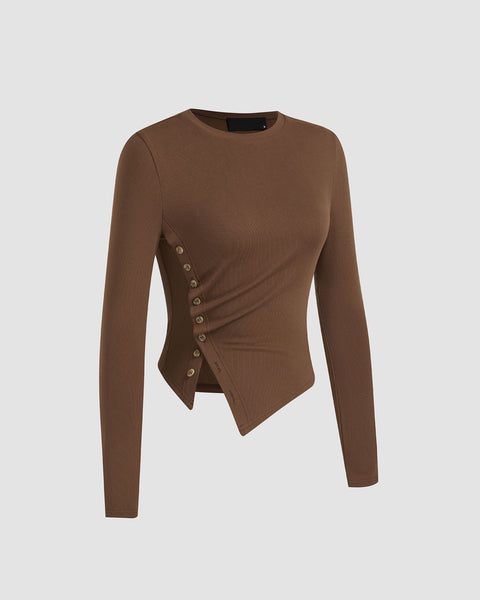 Asymmetric Button Up Brown Ribbed Top