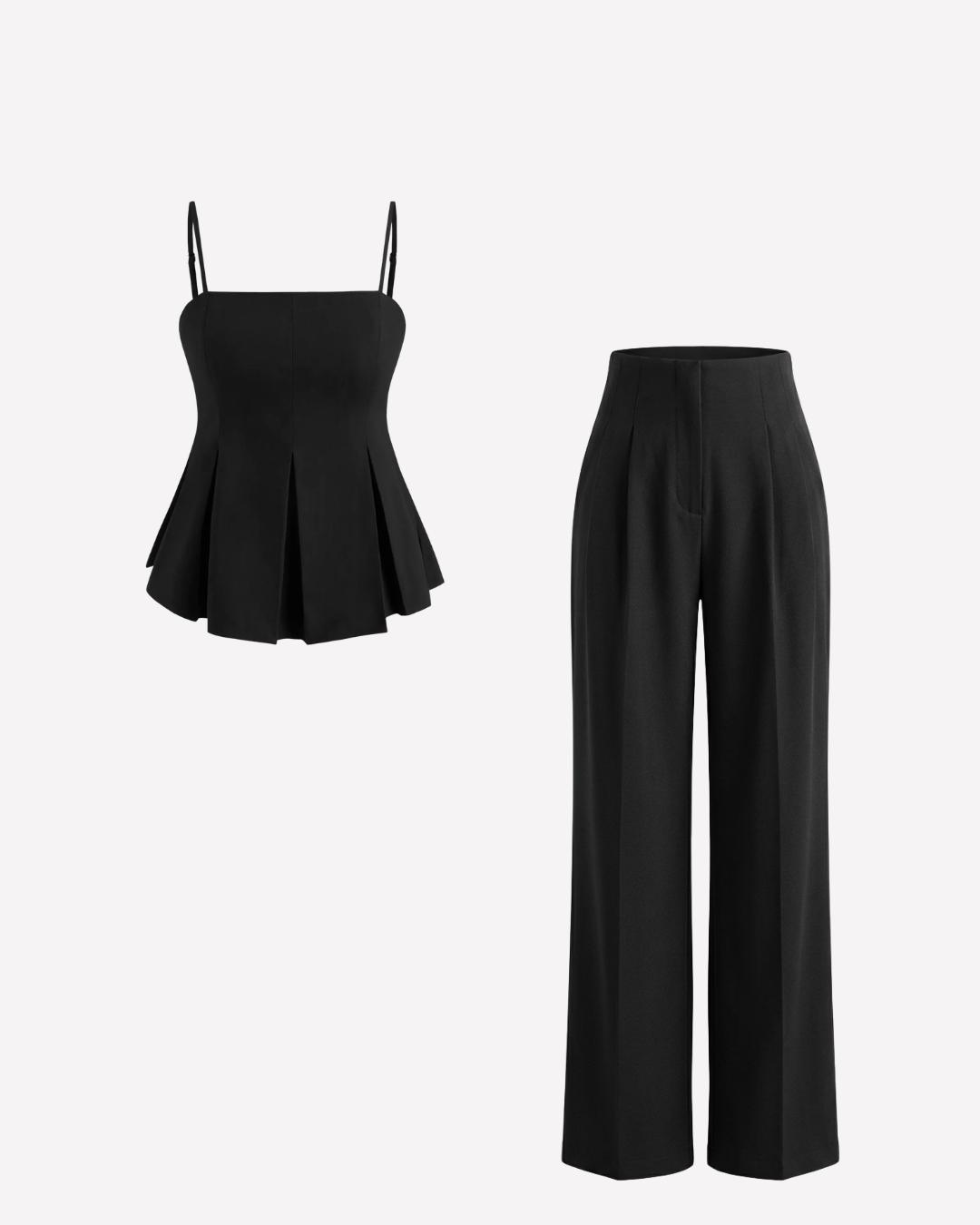 Black Pleated Spaghetti Top and Smocked Detail Korean Trousers