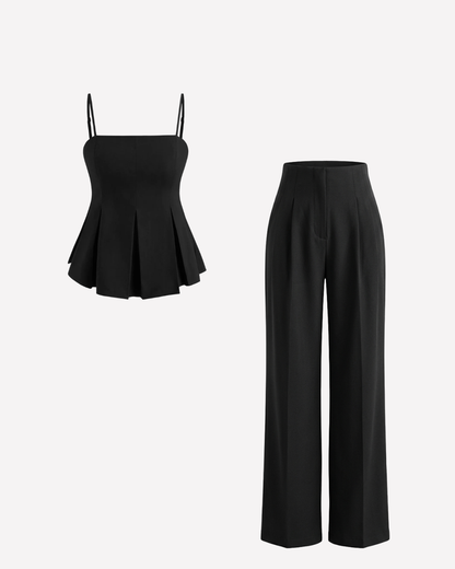 Black Pleated Spaghetti Top and Smocked Detail Korean Trousers