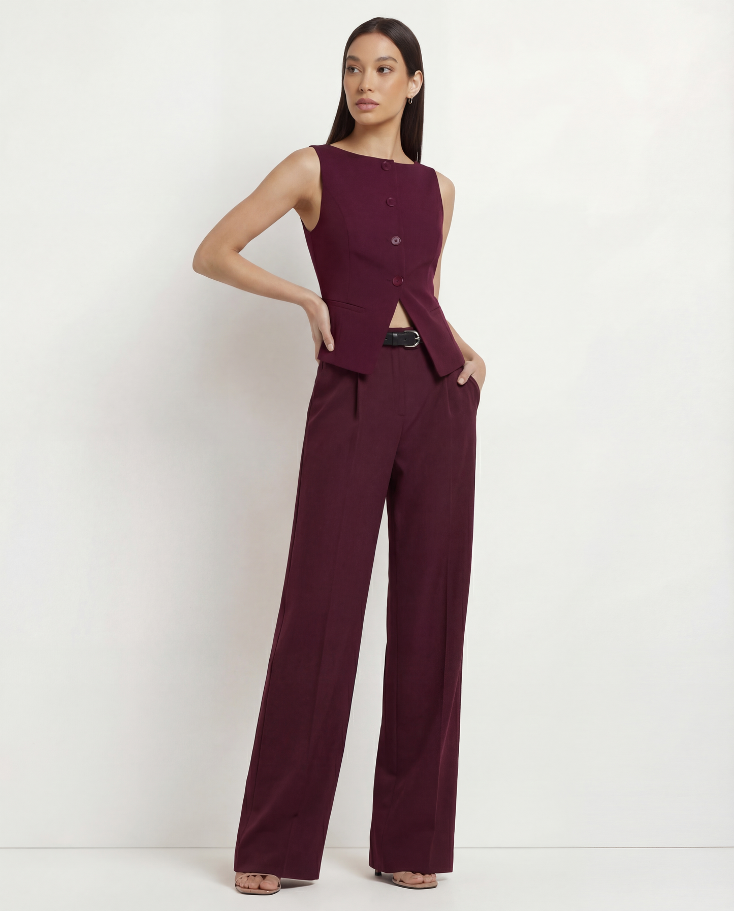 Maroon Boat Neck Slit Waist Coat And Pleated Pants With Belt