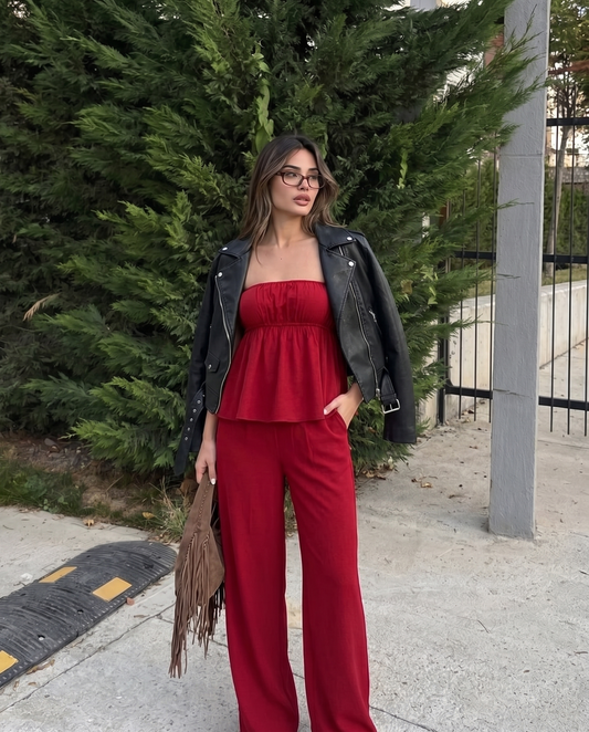 Cherry Red Bandeau Top And Pants Co Ord Set